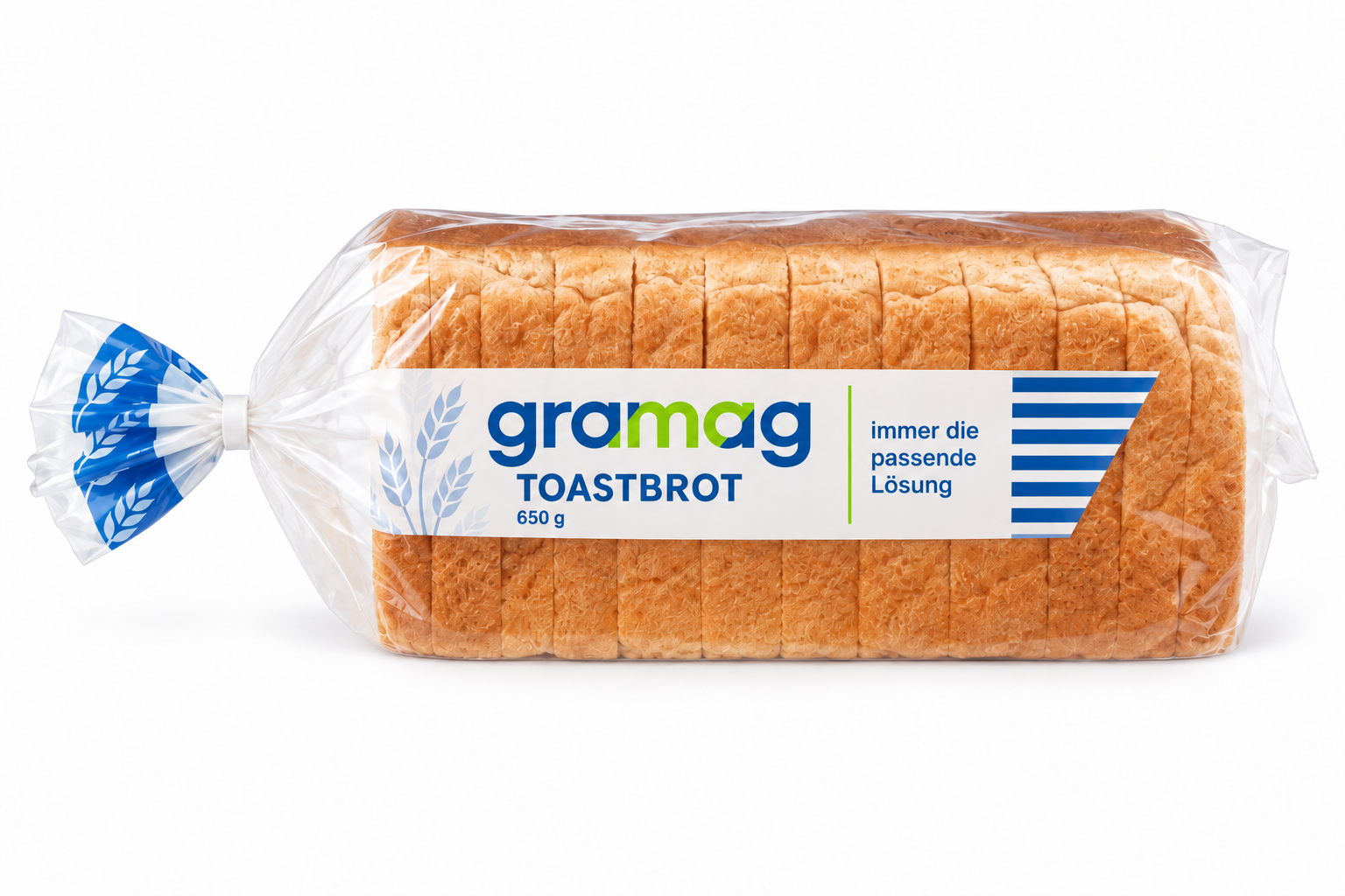 Geschnittenes Toastbrot im bedruckten Flowpack auf einem Edelstahlförderband