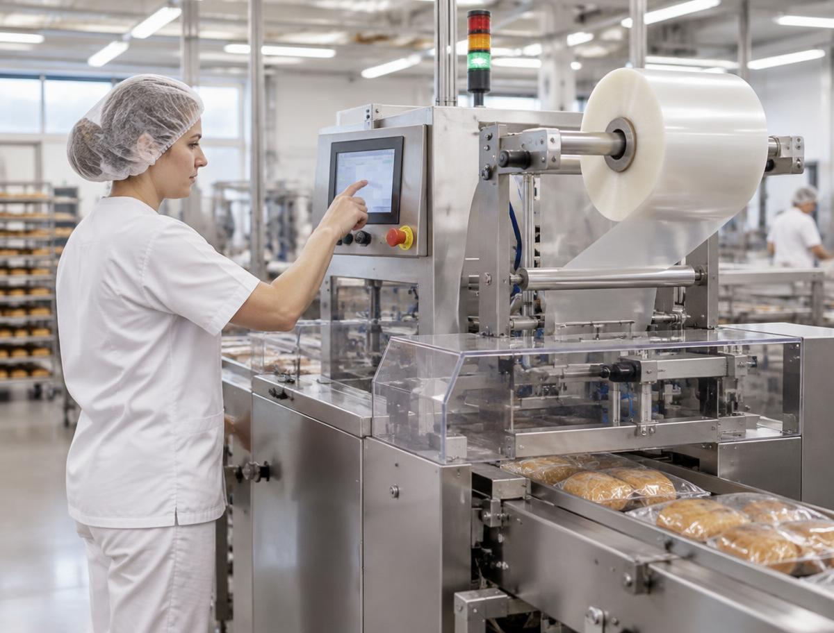 Fachperson bedient das Touchpanel einer Verpackungsmaschine