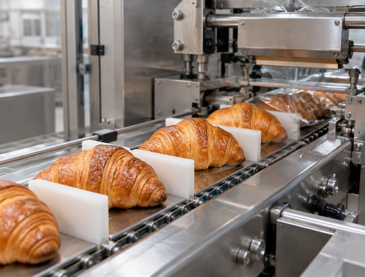 Schonende Zuführung von Gipfeli mit Mitnehmern zur Verpackungsmaschine